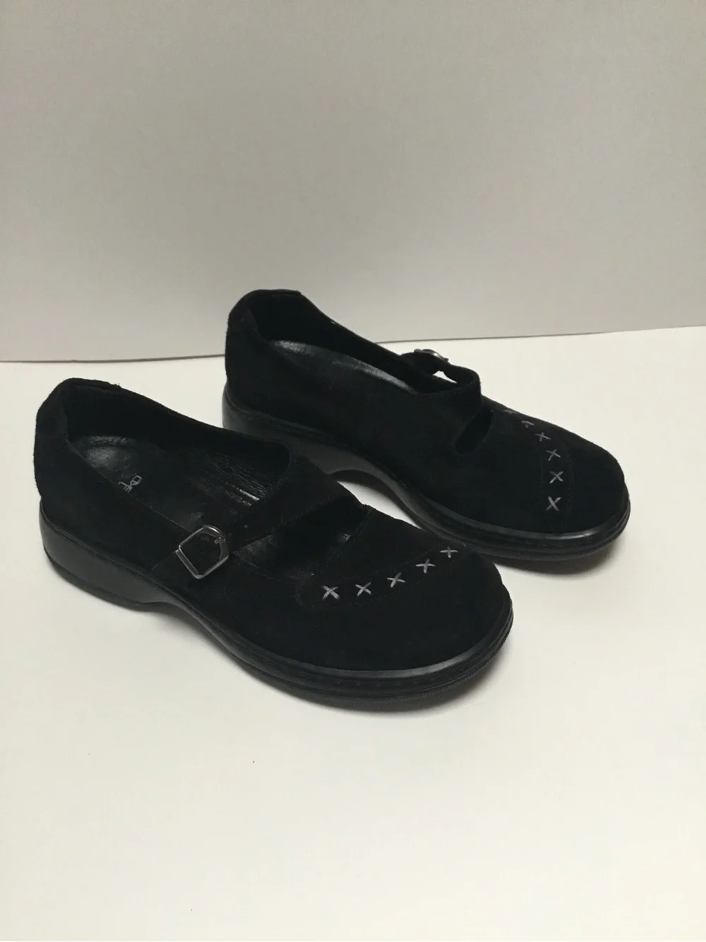 Dansko Black Suede Mary Jane Flats with Cross-Stitch Detail